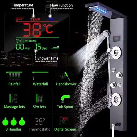 led display shower panel( hot & cold ) (stainless steel) 5 function , body jet shower, hand shower, rain shower , drain shower,