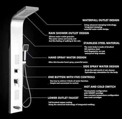 Luxury 5-in-1 Stainless Steel Shower Panel System with Rain Shower & Massage Body Jets