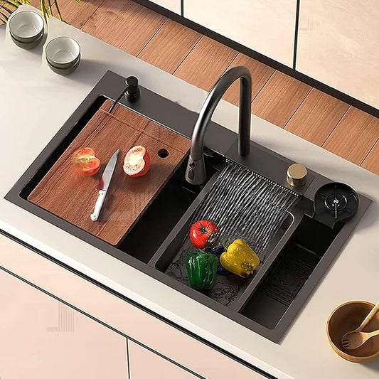 MULTI FUCTION KITCHEN SINK 30"x18"x9" Waterfall Sink with Integrated Waterfall & Pull Down Faucet |  Stainless Steel Waterfall Kitchen Sink with