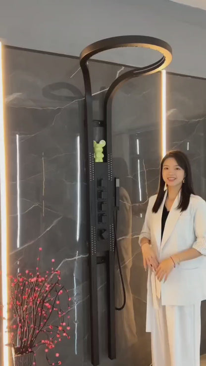 RING SHOWER Shower Panel Tornado - Large Overhead Shower, ABS Hand Shower, Multi-Divertor Body Jets & Adjustable Pressure (Black) (7 feet height)