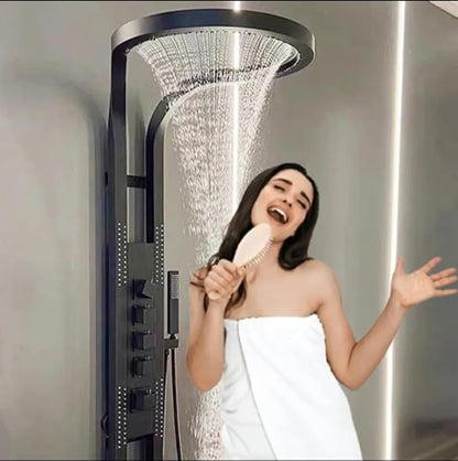 RING SHOWER Shower Panel Tornado - Large Overhead Shower, ABS Hand Shower, Multi-Divertor Body Jets & Adjustable Pressure (Black) (7 feet height)