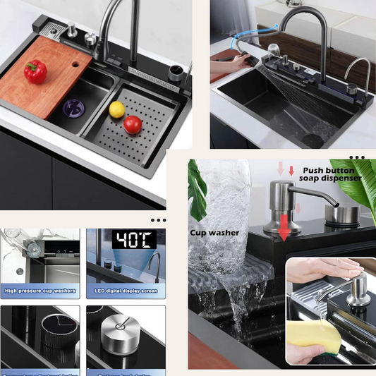 multi function 5 switch Stainless Steel kitchen sink ,5-In-1 Smart Workstation Kitchen Sink with Integrated Waterfall & Digital Display